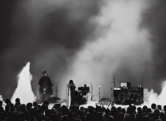 Prompt: a high resolution photograph of sunn o ) ) ) playing live at the vatican with monk robes, smoke machines, huge walls of amplifiers