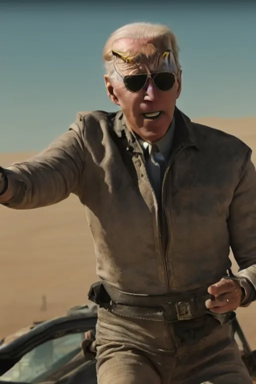 Image similar to [a still of Joe Biden in the movie Mad Max (2015), 4k, HD, high quality, octane]