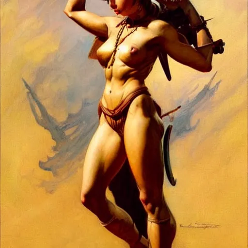 Image similar to warrior, beautiful female, character design, painting by j. c. leyendecker, gaston bussiere, frank frazetta, tom of finland, trending on artstation