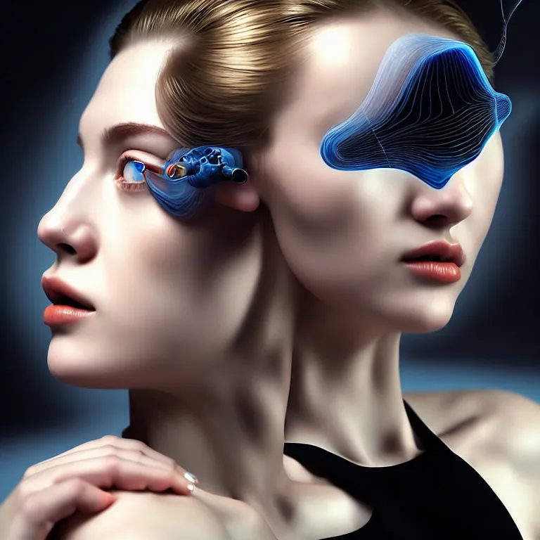 Image similar to hyperrealism photography computer simulation visualisation of parallel universe cgi scene with beautiful highly detailed ukrainian woman by caravaggio wearing neofuturistic neural interface by josan gonzalez - s 1 5 0