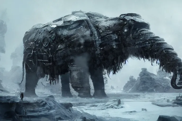 Image similar to a grand intricate futuristic black steam train next to a giant mammoth, post - apocalyptic ice landscape in snowstorm, concept art, artstation, highly detailed, digital art