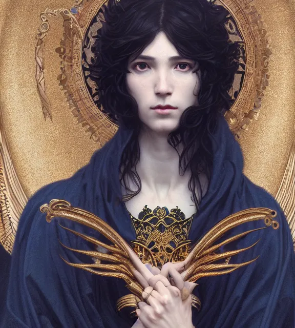 Image similar to god of death, young male, in the underworld, elegant dark blue dress, very detailed, throne, very intricate details, jewelry, gold eyeshadow, elaborate long black hairstyle, wings, cinematic, artstation, william bouguereau, alphonse mucha, greg rutkowski, rossdraws, octane render