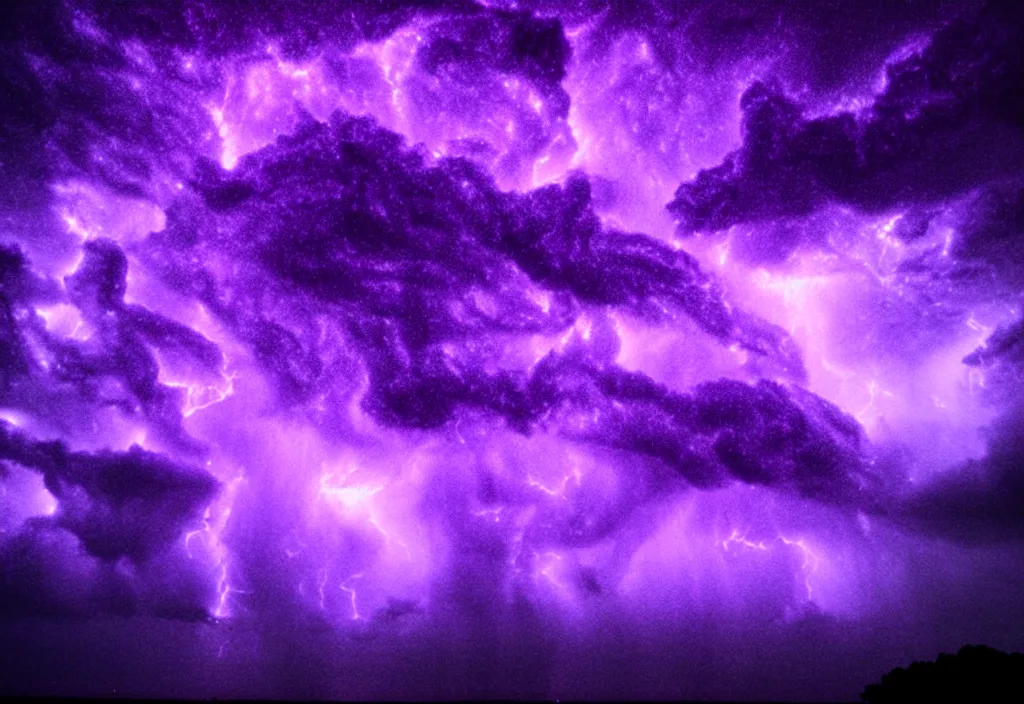 Image similar to purple color lighting storm with stormy sea a pirate ship trippy nebula sky