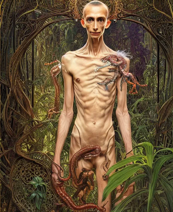 Image similar to intricate ornate opulent transparent clear see - through portrait of a terrifying beautiful skinny male alien centipede, mottled coloring, adorable, childlike, overgrown jungle environment, ultra realistic, concept art, art nouveau, photorealistic, octane render, 8 k, unreal engine. art by christopher marley and artgerm and greg rutkowski and alphonse mucha