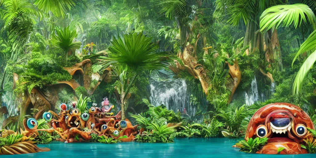 Image similar to of a tropical rainforest lake with strange cute friendly happy creatures with huge eyes, mouth, long tongue, round teeth and goofy face, appearing from the water, in the style of gehry and gaudi, macro lens, shallow depth of field, ultra detailed, digital painting, trending artstation, concept art, illustration, cinematic lighting, photorealism, epic, octane render