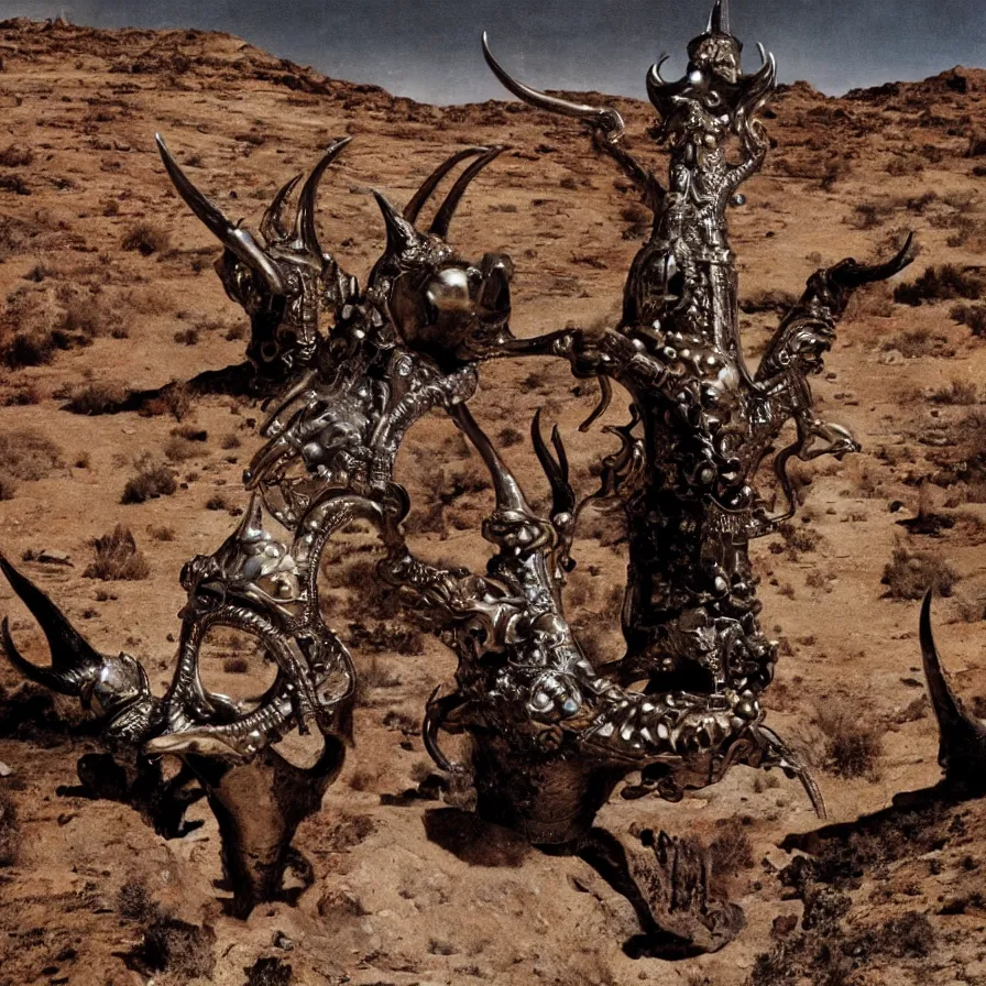 Image similar to portrait of salvador dali wearing a horned crown and jewels in a dry rocky desert landscape, alien spaceship by giger in the landscape, film still from the movie by alejandro jodorowsky with cinematogrophy of christopher doyle and art direction by hans giger, anamorphic lens, kodakchrome, very detailed photo, 8 k