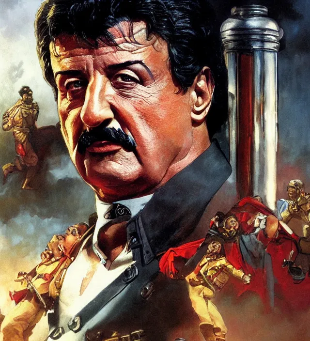 Image similar to sylvester stallone as stalin on fire,, cinematic, by greg rutowski, by greg rutkowski, by stanley artgerm, by alphonse mucha