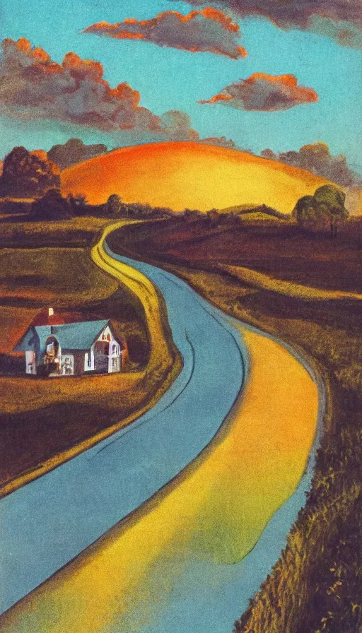 Image similar to paperback book cover. 1 9 5 0 s. pure colors, melting clouds, accurately drawn details, a sunburst above a receding road with the light reflected in furrows and ruts, after rain. and no girls.