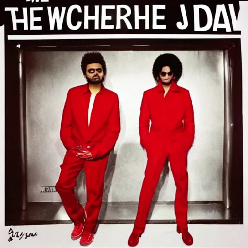 Image similar to the weeknd and michael jackson with red clothes, after hours album cover