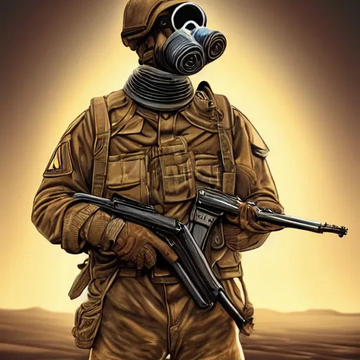 Image similar to portrait artwork of soldier wearing a gas mask holding ak-47. Desert background. Artwork by Dan Mumford, realistic cinematic lighting, ultra detailed, hyper realism