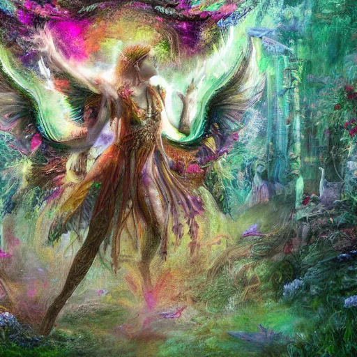 Image similar to lost in the fae court, menacing, hyper realism, 4k, intricate, colorful
