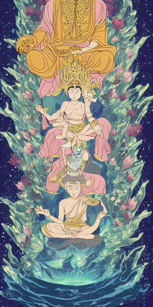 Image similar to buddha sitting on a throne of ice surrounded by lotus flowers drawn by studio trigger, in the style of Little Witch Academia, spiritual enlightenment, tarot card, Tarot card the Hierophant,