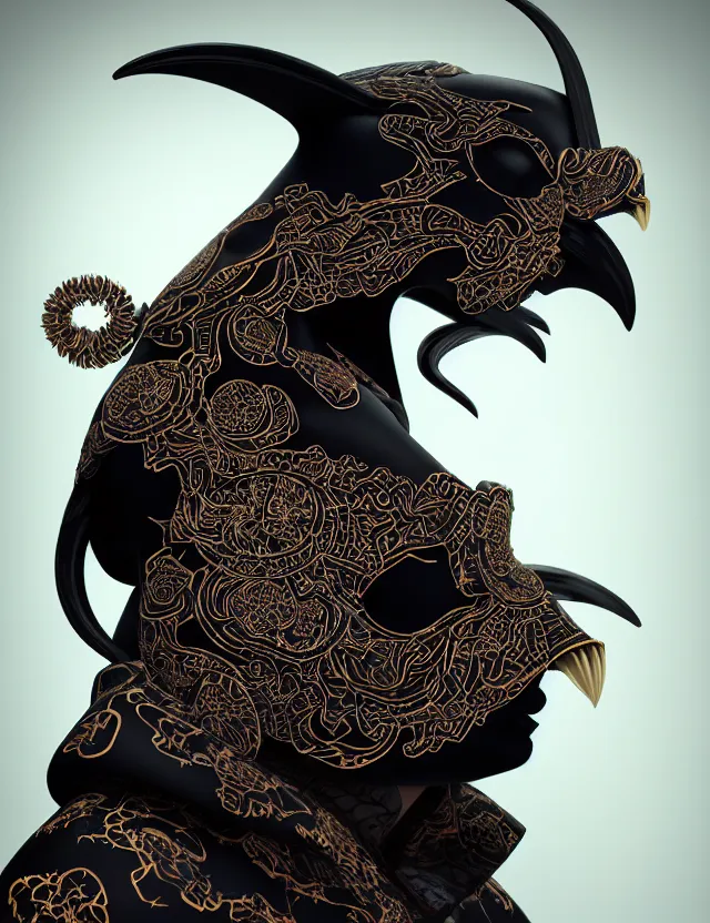 Image similar to 3 d goddess close - up profile portrait of cultist monk in hooded robe with ram skull. beautiful intricately detailed japanese crow kitsune mask and clasical japanese kimono. betta fish, jellyfish phoenix, bio luminescent, plasma, ice, water, wind, creature, artwork by tooth wu and wlop and beeple and greg rutkowski