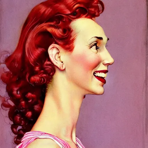 Image similar to tall, lithe woman, soft red hair, fair skin, norman rockwell, 1 9 4 0's, liberty curls, flushed cheeks, pink lips, beautiful smile, soft lighting, full body portrait, posing