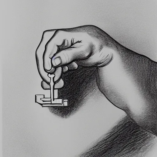 Prompt: hand holding a key, white background, drawing by Henry Moore