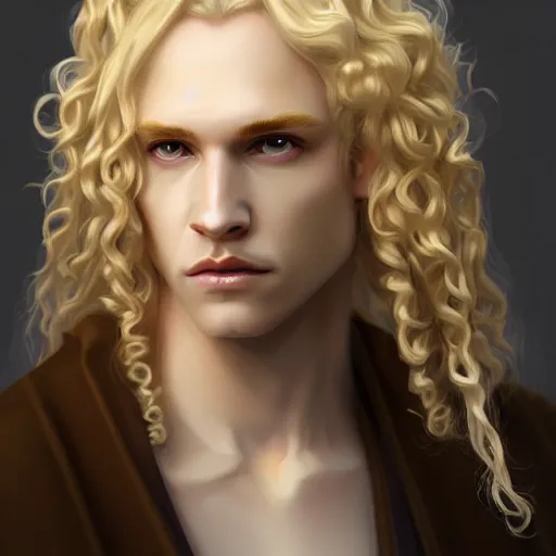 Image similar to Lucius the pale blond androgynous god of the sun, highly detailed, very very very long curly golden blond hair, baroque curls, curtain bangs, central parted fringe, extremely luscious curly blond hair, very very very pale white skin, digital painting, artstation, concept art, soft light, sharp focus, illustration