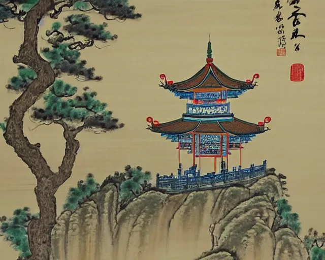 Image similar to a beautiful painting of a buddhist temple in a serene landscape, traditional chinese painting,