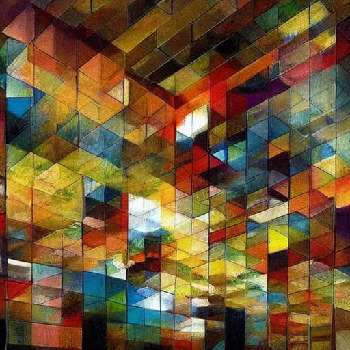 Image similar to A beautiful painting of a abstract composition of geometric shapes in various colors. wabi-sabi, modernism, Google by Thomas Moran, by Mat Collishaw #wow, detailed