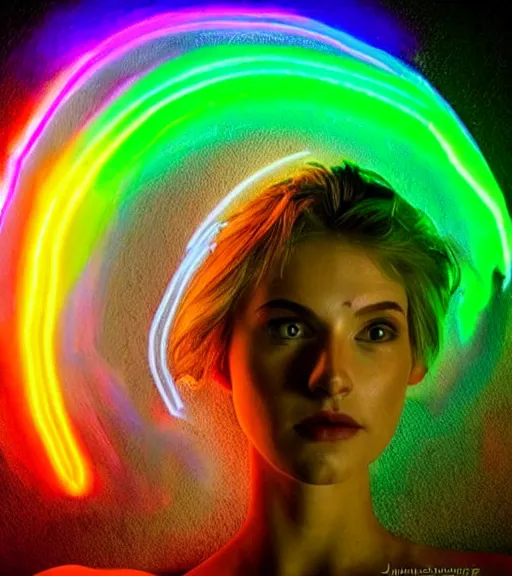 Image similar to lightpainting luminescent portrait, diffuse luminescent lightpainting, intricate halo wiccan luminescent lightpainting, elegant light, highly detailed zen neon, lifelike, fully photorealistic, artstation, luminescent concept art, smoothened, sharp luminescent focus, sharp art by john collier, michael bosanko