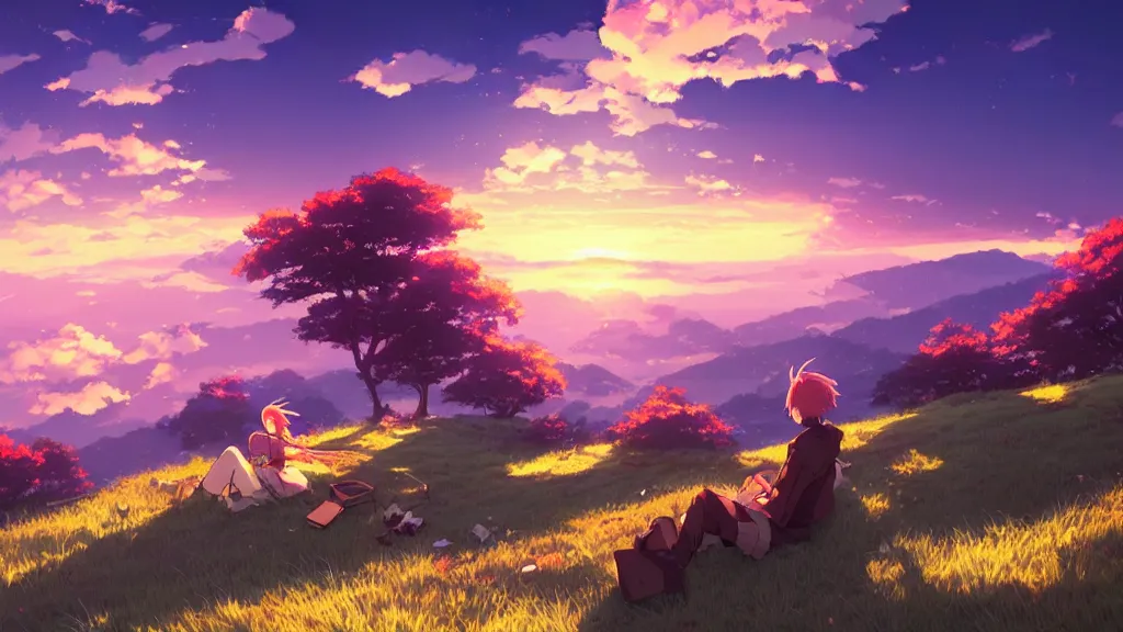 Image similar to a chocolate bar sat on the hillside and looked sky, dusk sky, beautiful sunset glow, large clouds, rich vivid colors, ambient lighting, dynamic lighting, official media, anime key visual, detailed, artwork by makoto shinkai, rossdraws.