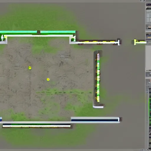 Prompt: cs : go minimap, layout of map, 2 character spawn locations on opposite sides of map with a highlighted box around them, 2 objective sites with a hihg lighted box around them, overhead view of the minimap design