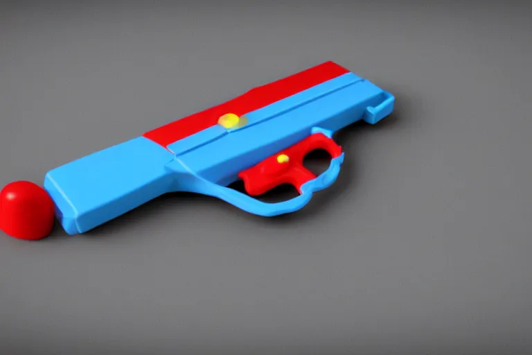Prompt: product photo of toy hand gun made by fisher price, colorful plastic, high quality, intricate detail, realistic textures, octane render, unreal engine 5, hyperrealism