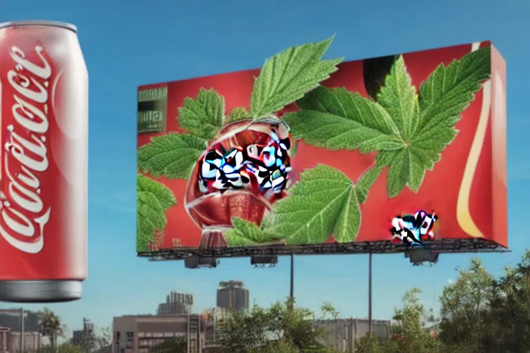 Image similar to magazine advertising of a new Coca-Cola Marijuana flavored, very happy people on the poster, ue4, hyperrealistic, billboard ad, creative advertising