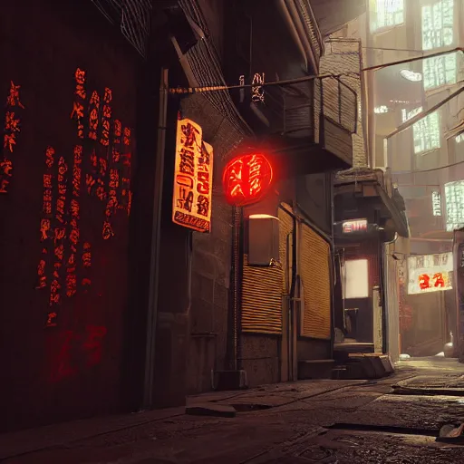 Prompt: a narrow alley with a sign in the middle of it, cyberpunk art by pan tianshou, cgsociety contest winner, shin hanga, unreal engine 5, rendered in unreal engine, unreal engine