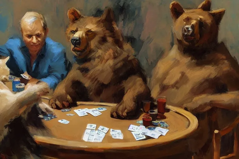 Prompt: 2 animals, cat, bear, playing poker, highly detailed beautiful, by gregory manchess, james gurney, james jean