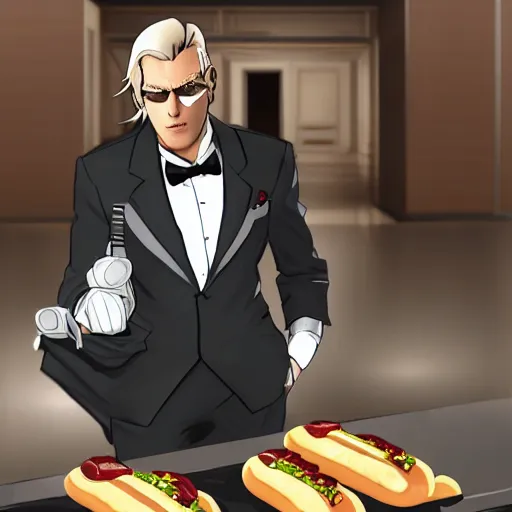 Prompt: senator armstrong from metal gear rising in black formal suit suit eating a hot dog