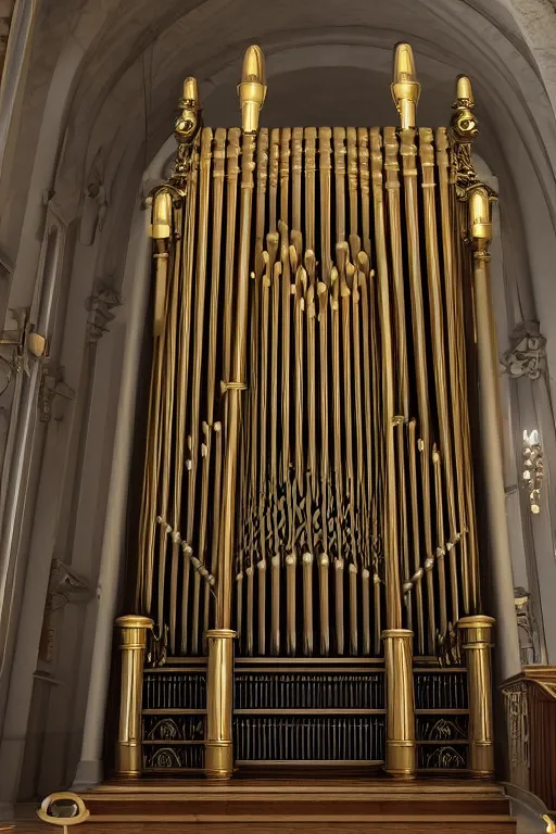 Image similar to a detailed render of an isolated lonely marble pipe organ in a church, with large golden pipes, trending on artstation, render, 3 d, octane, 4 k, 8 k, unreal engine, cinema 4 d