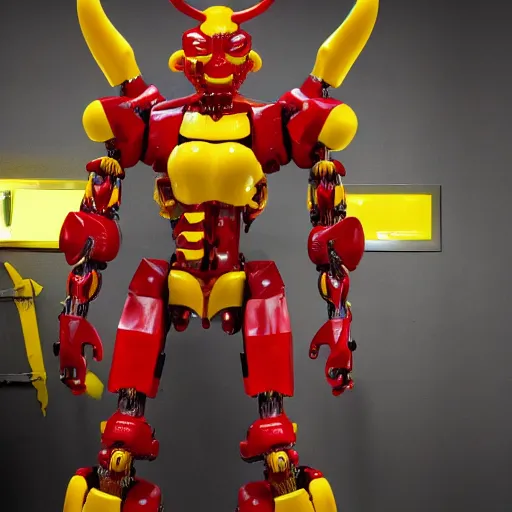 Prompt: a muscular, threatening, yellow and red humanoid robot with large horns. It has a gun in one hand and a knife in the other