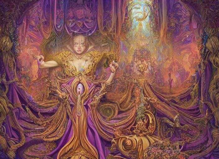 Image similar to beautiful oil painting, full length portrait of dauphinois in baroque coronation robes 1701, Dan Mumford, Dan Mumford, Alex grey, highly detailed , lsd visuals, dmt fractal patterns, hallucinogen, visionary art, psychedelic art, ornate, vaporwave, baroque, Greg rutkowski