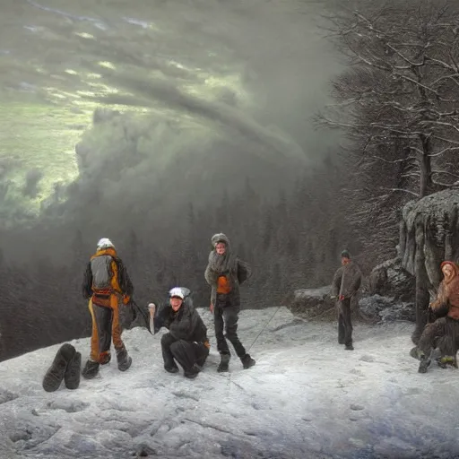 Image similar to a beautiful painting of group of climbers, extreme cold, storm, octane rendering, grim, dark, gloomy, cruel, volumetric lightning, hyperrealism, no blur, 4 k resolution, ultra detailed, style of john atkinson grimshaw, ivan shishkin, tyler edlin, scott listfield, eric zener