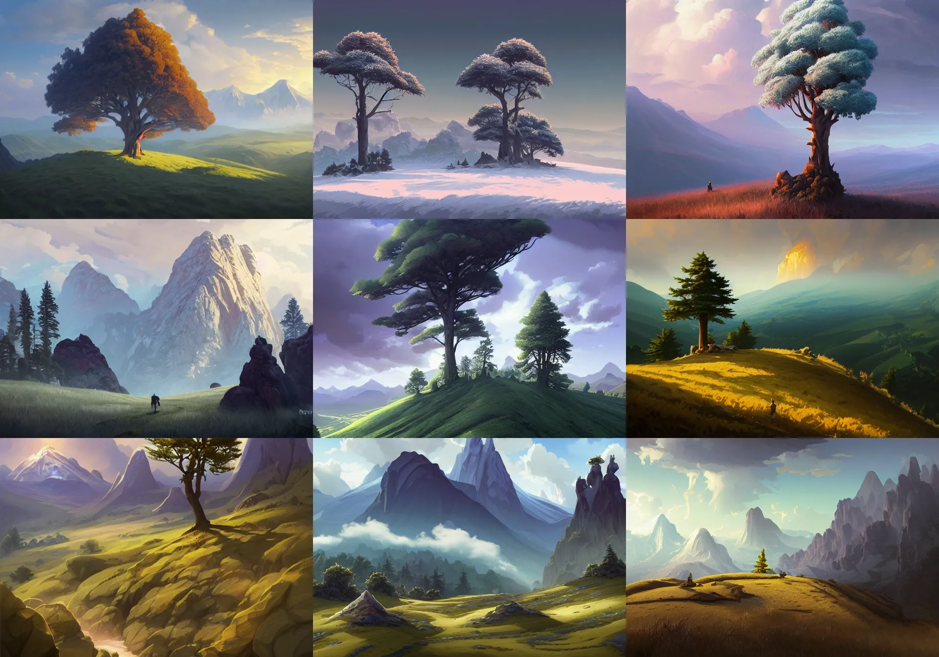 Image similar to mountain landscape without people, high trees, top of the hill, above low layered clouds, deep focus, fantasy, intricate, elegant, highly detailed, digital painting, artstation, concept art, matte, sharp focus, illustration, hearthstone, art by rhads and artgerm and greg rutkowski and alphonse mucha.