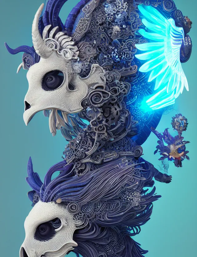 Image similar to 3 d goddess close - up profile solarpunk portrait ram skull. beautiful intricately detailed japanese crow kitsune mask and clasical japanese kimono. betta fish, jellyfish phoenix, bio luminescent, plasma, ice, water, wind, creature, artwork by tooth wu and wlop and beeple and greg rutkowski