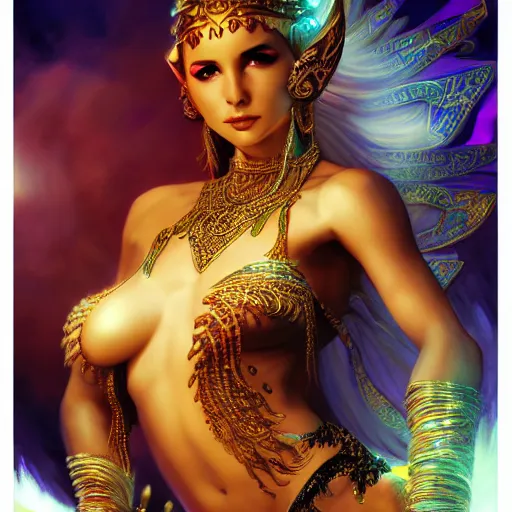 Image similar to photo of a beautiful female bellydancer dragon, anthropomorphic, sharp focus, illustration, ultra real, masterpiece, glowing holy aura by magali villeneuve and stanley artgerm lau, wlop,