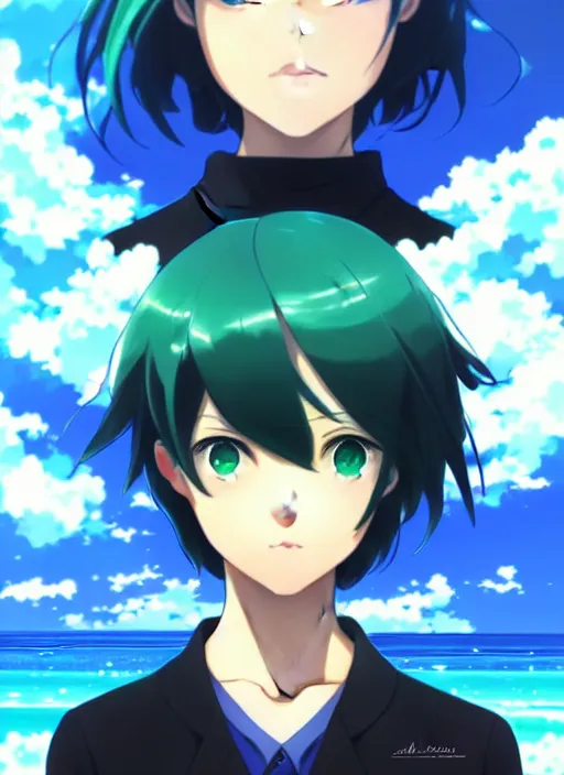 Image similar to makoto shinkai, artgerm, ilya kuvshinov, beautiful anime women with green dress, long blue hair, water powers water swirling, symmetrical face, symmetrical eyes, detailed, beach setting, cinematic lighting