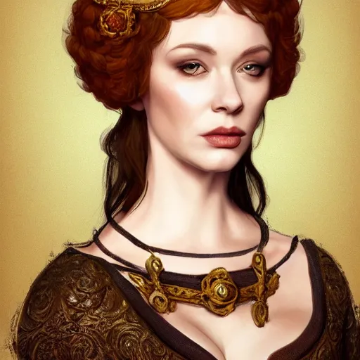 Image similar to a beautiful portrait of christina hendricks as a medieval noblewoman, fantasy, intricate, elegant, highly detailed, digital painting, artstation, concept art, matte, sharp focus, illustration, luminist and baroque style