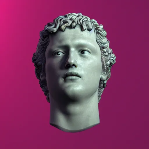 Image similar to a neon ring encircles a renaissance statue head, 3 d render