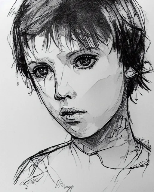 Image similar to pen sketch of millie bobby brown with short hair by yoji shinkawa