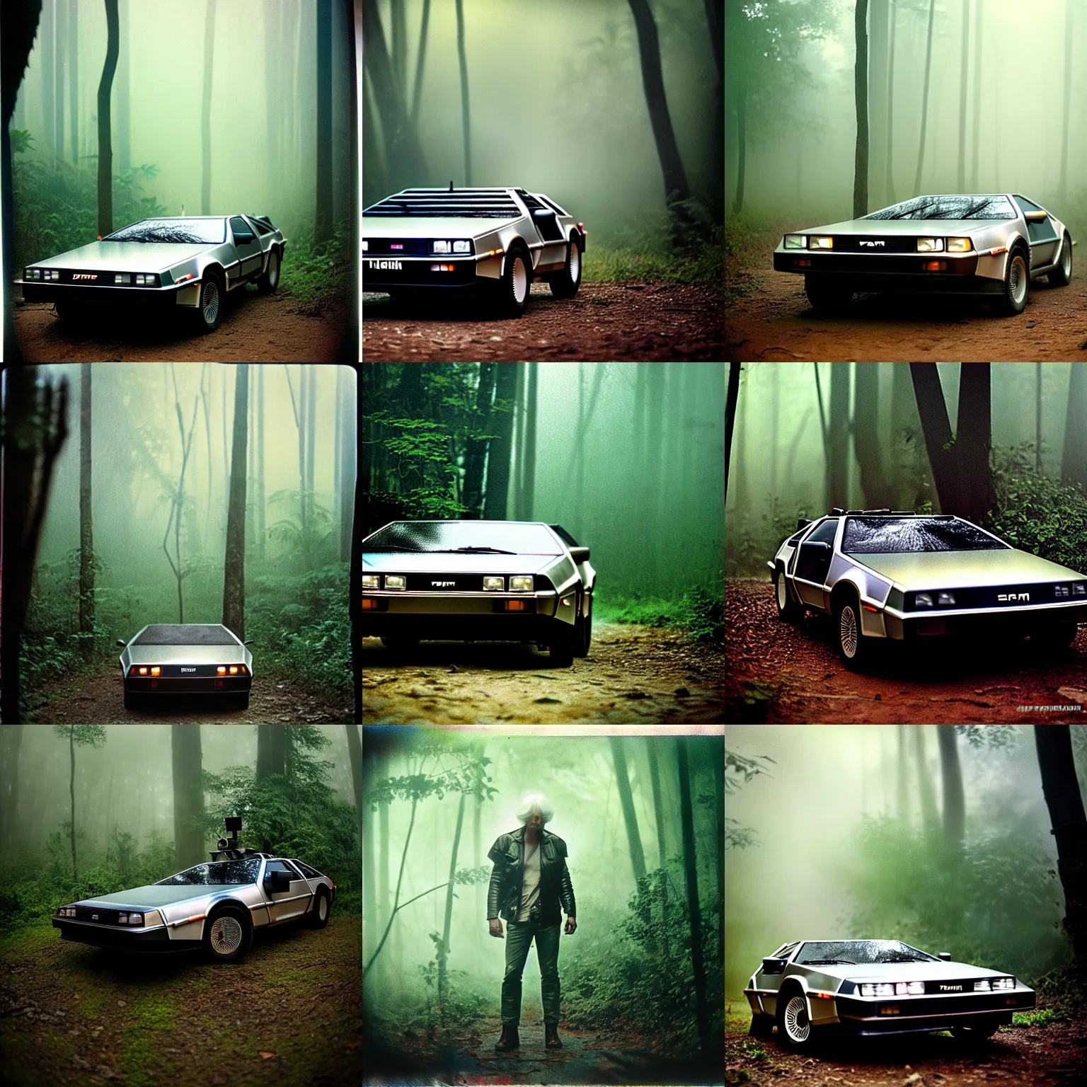 Prompt: trans - formers delorean armored, fog, in deep jungle forest jungle, overcast! cinematic focus, old damagaed polaroid photo, vintage, neutral colors, faded!! very soft lights, big overcast, very foggy, full shot by steve hanks, by serov valentin, by lisa yuskavage, by andrei tarkovsky