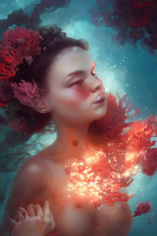 Image similar to face closeup a young beautiful girl exploding into coral reef and fire, underwater photography, nymph, siren, 3 d render, hyper realistic detailed portrait, holding magic flowers, ruan jia, wlop. scifi, fantasy, hyper detailed, octane render, concept art, by peter mohrbacher, by wlop, by ruan jia