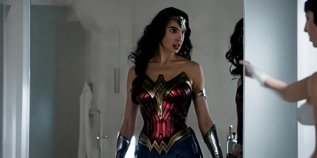 Image similar to ultra wide angle photo of gal gadot dressed in a white blouse and black dress pants as diana prince looking at herself in a bathroom mirror and seeing her reflection as wonder woman