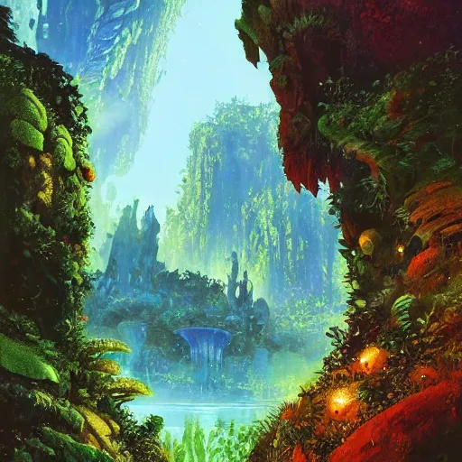 Image similar to illustration of a lush natural scene on an alien planet by paul lehr. extremely detailed. beautiful landscape. weird vegetation. cliffs and water.