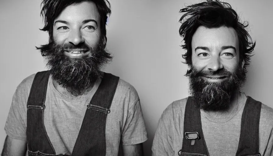 Image similar to far view, extremely skinny malnourished jimmy fallon with long beard, wearing dirty overalls, dirty greasy face, grin, portrait, close up, kodak gold 2 0 0, 5 0 mm,