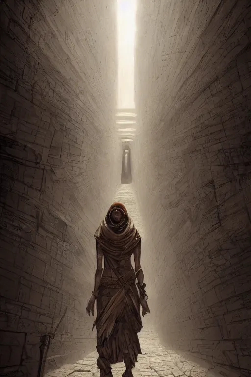 Prompt: a mummy walking down a hallway in a Pyramid, face portrait, raphael lacoste, eddie mendoza, alex ross, concept art, matte painting, highly detailed, rule of thirds, dynamic lighting, cinematic, detailed, denoised, centerd