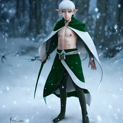 Image similar to elf boy render as a very beautiful 3d anime boy, silver hair, azur green eyes, full round face, belly free Cloak, short smile, in snow, cinematic lightning, medium shot, mid-shot, highly detailed, trending on Artstation, Unreal Engine 4k, cinematic wallpaper
