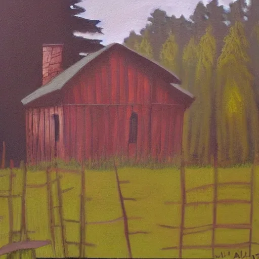 Image similar to a painting of a eerie cabin in the middle of the woods in the style of grant wood