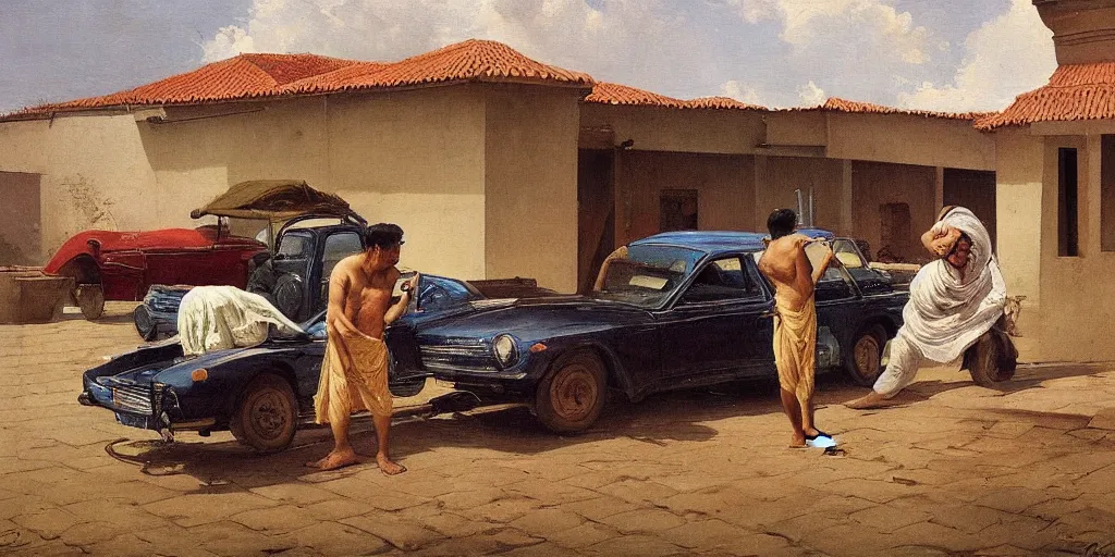 Image similar to man washing his car in the style of raja ravi verma, ultra detailed, high detail, impressionism,